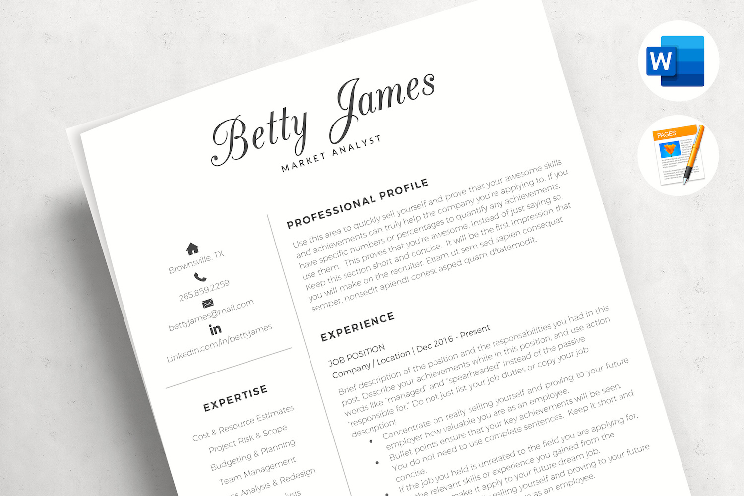 BETTY - Market Analyst Professional Resume. Minimalist CV with matching Cover & references
