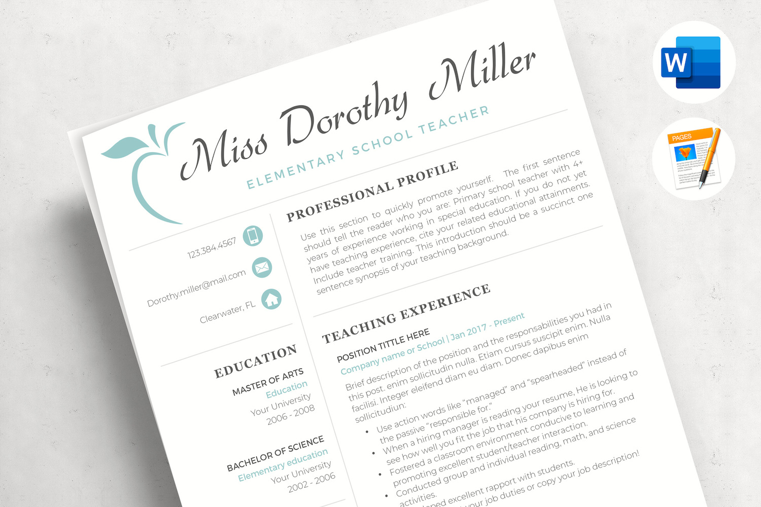 DOROTHY - Elementary Teacher CV Template for MS Word & Pages with Cover Letter and References