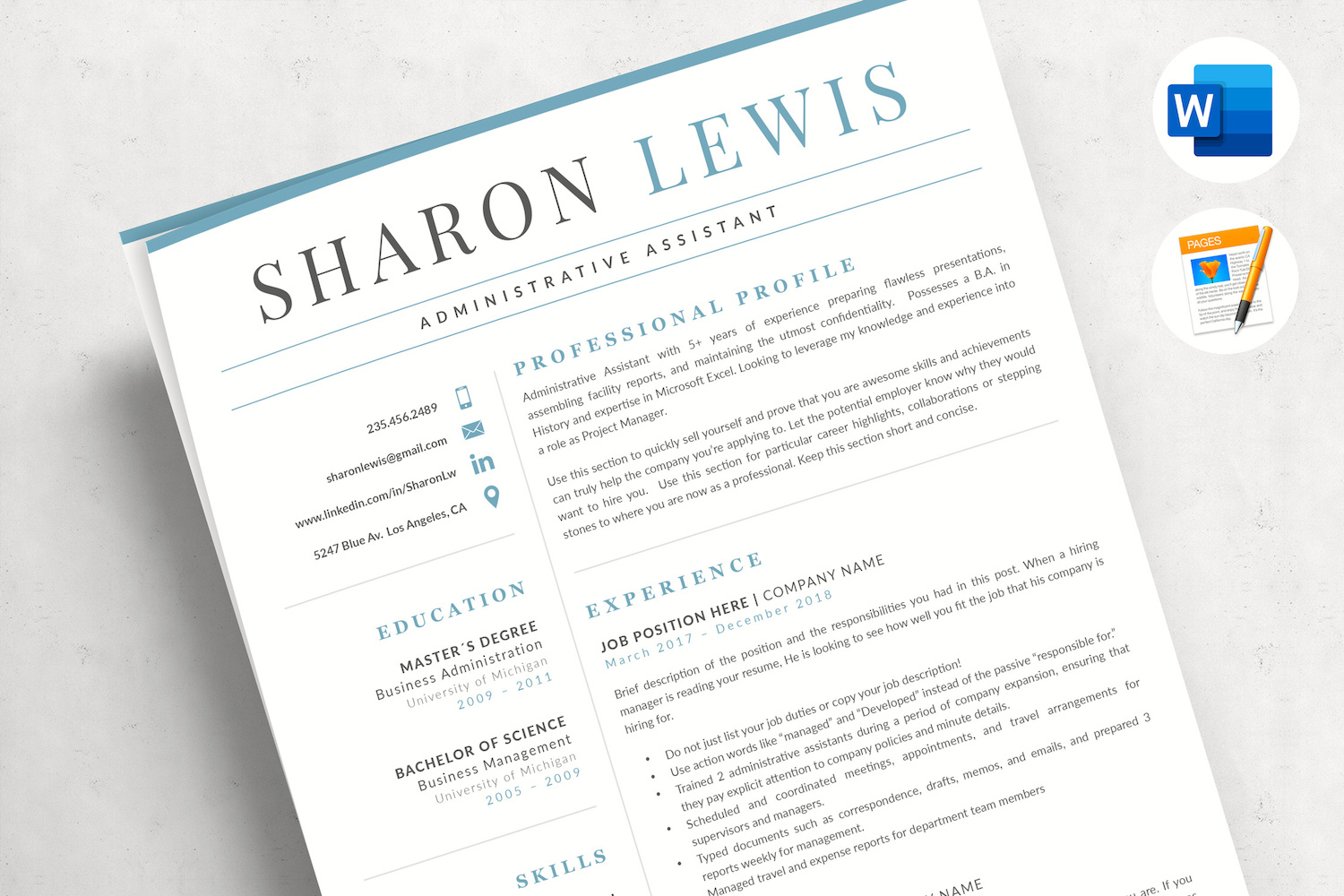 SHARON - Administrative Assistant Resume for MS Word and Mac Pages & Matching Cover Letter