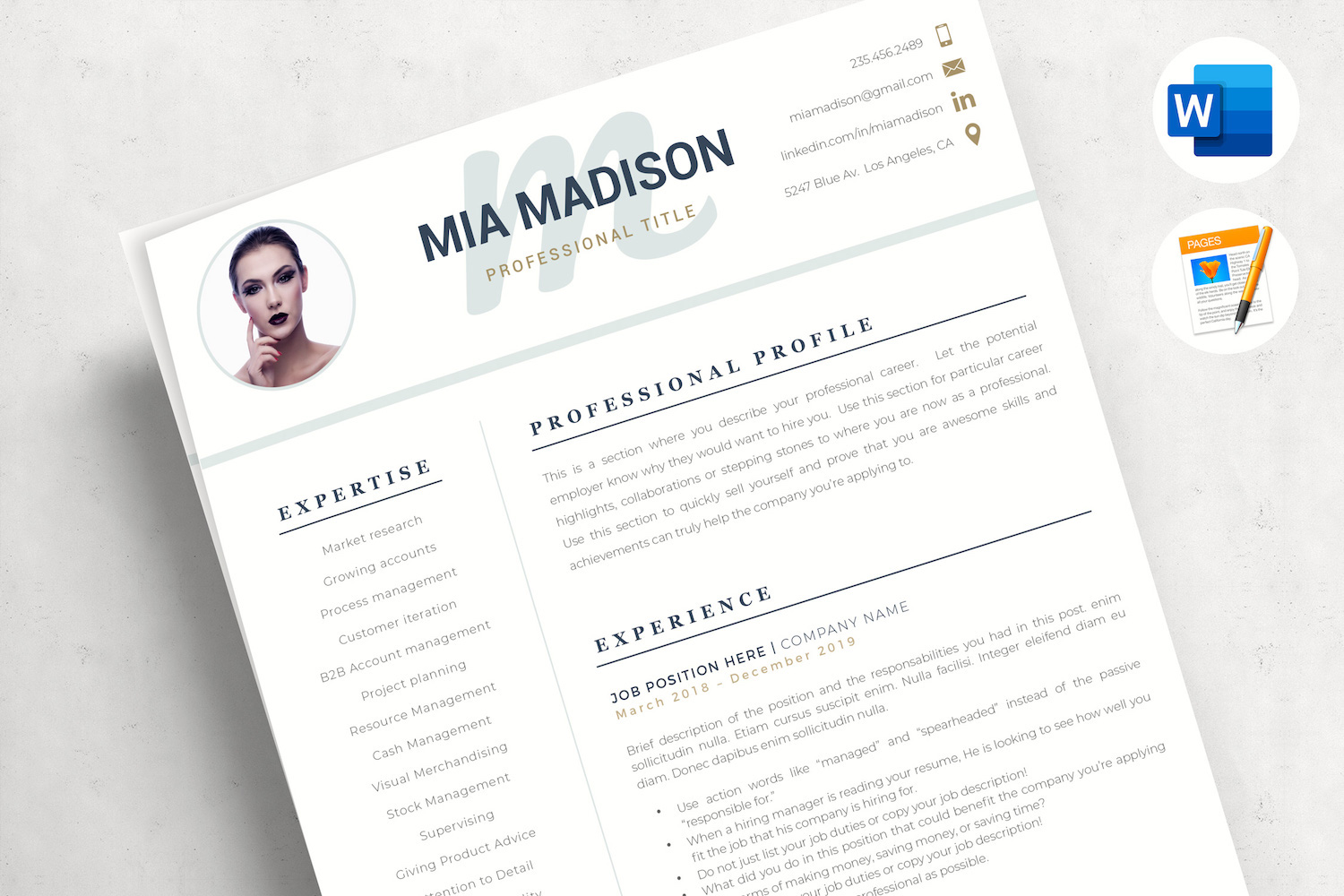 MIA - Creative Resume with photo for Word & Pages. CV With Picture and Cover Letter format
