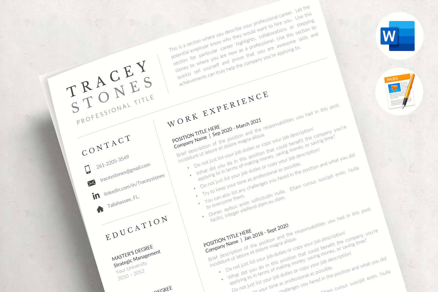 TRACEY - Easy Resume and Cover Letter format for Microsoft Word and Apple Pages. Simple CV