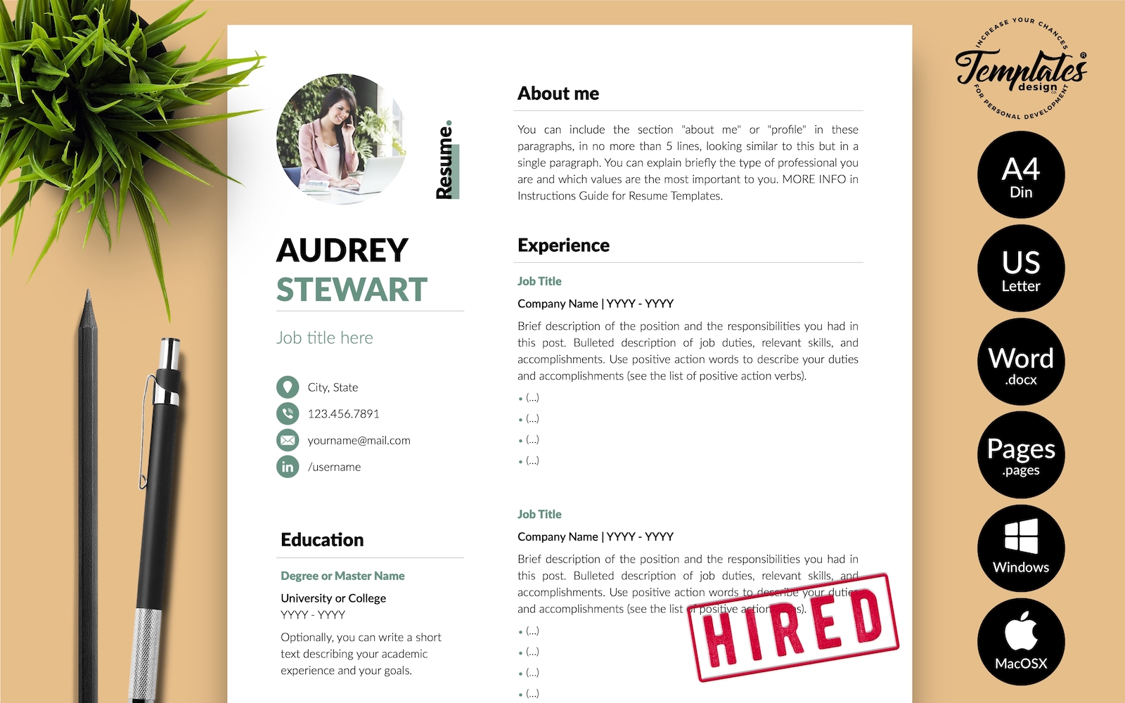 Audrey Stewart - Modern CV Resume Template with Cover Letter for Microsoft Word & iWork Pages