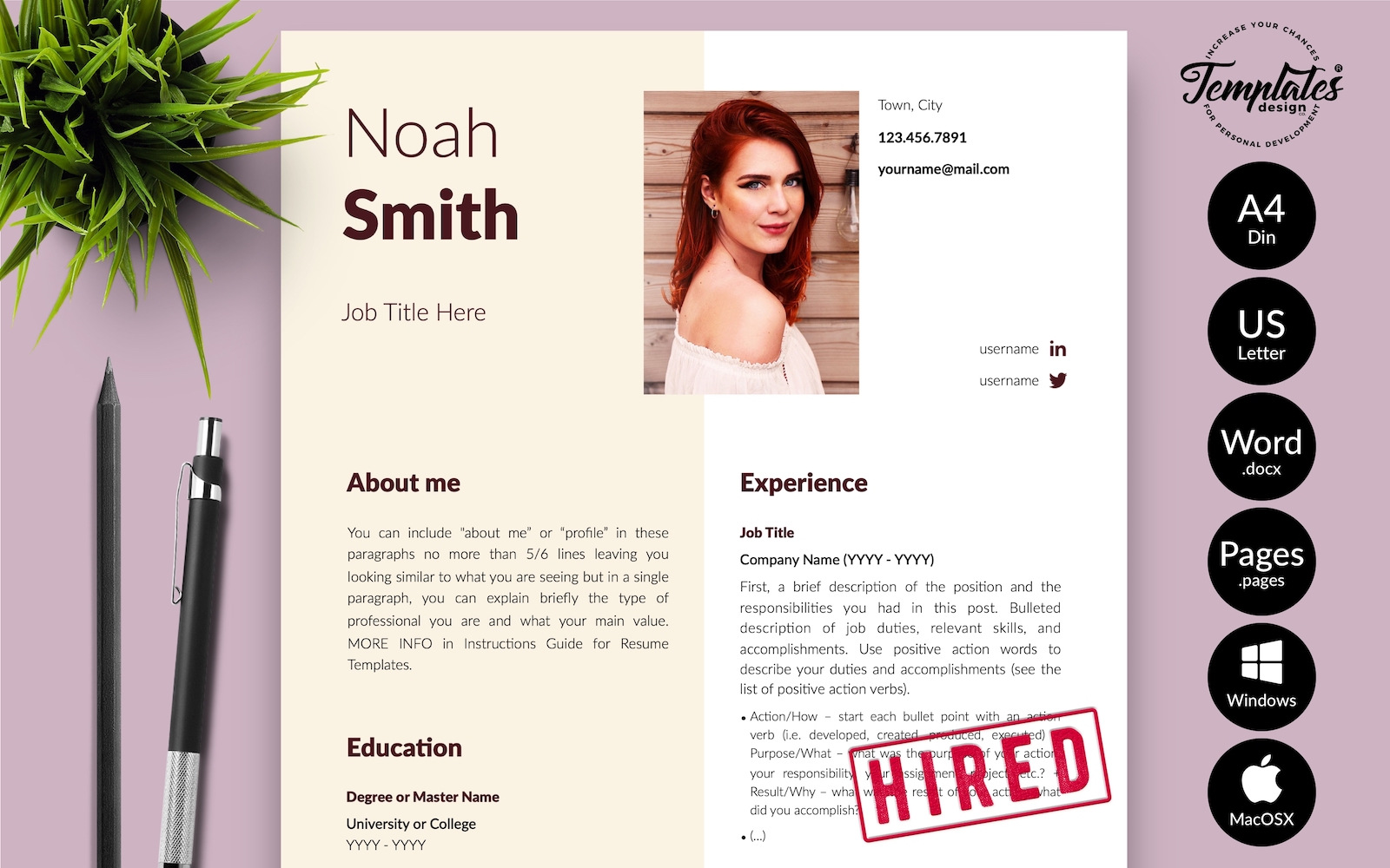 Noah Smith - Creative CV Resume Template with Cover Letter for Microsoft Word & iWork Pages