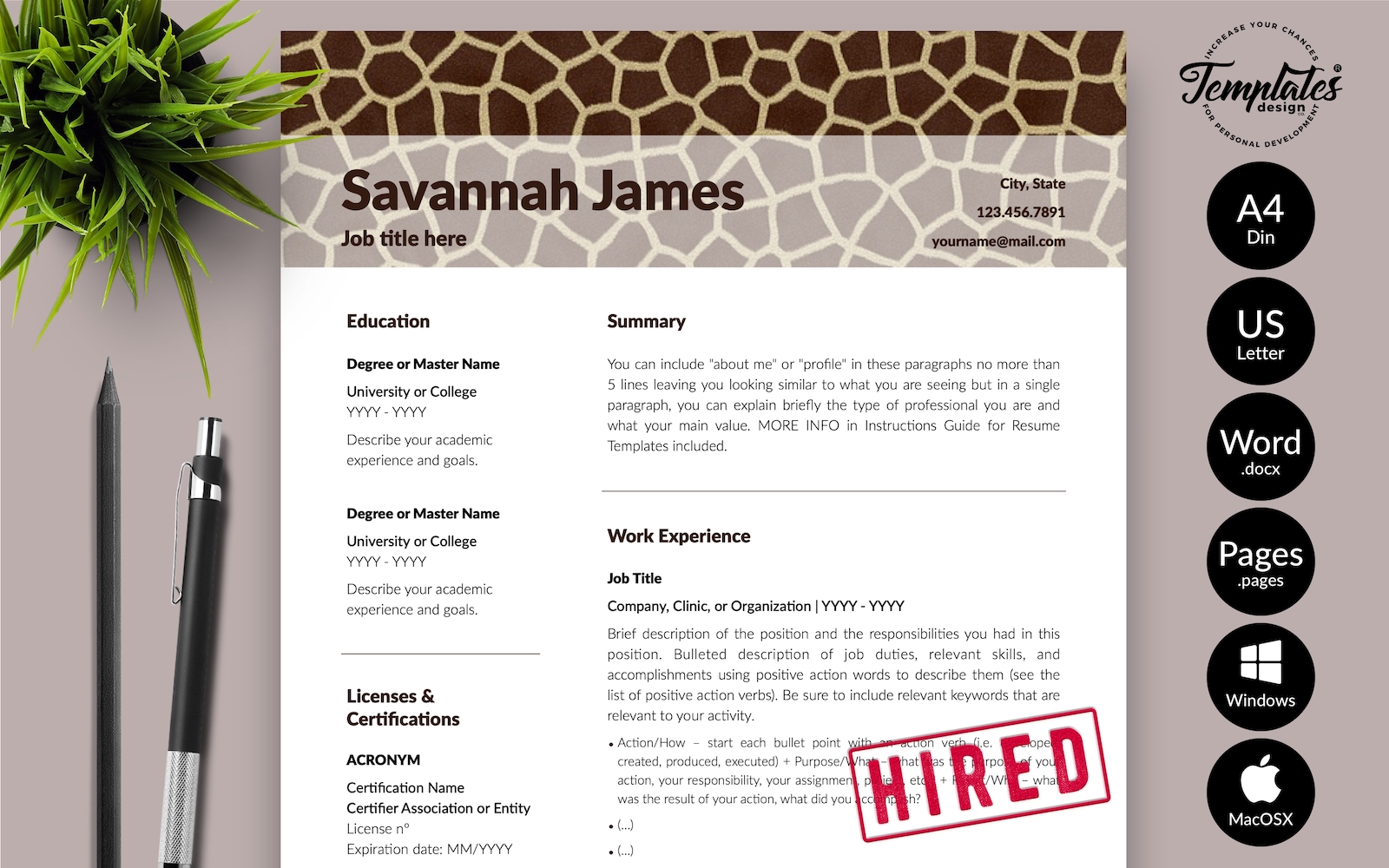 Savannah James -  Zookeeper Resume Template with Cover Letter for Microsoft Word & iWork Pages