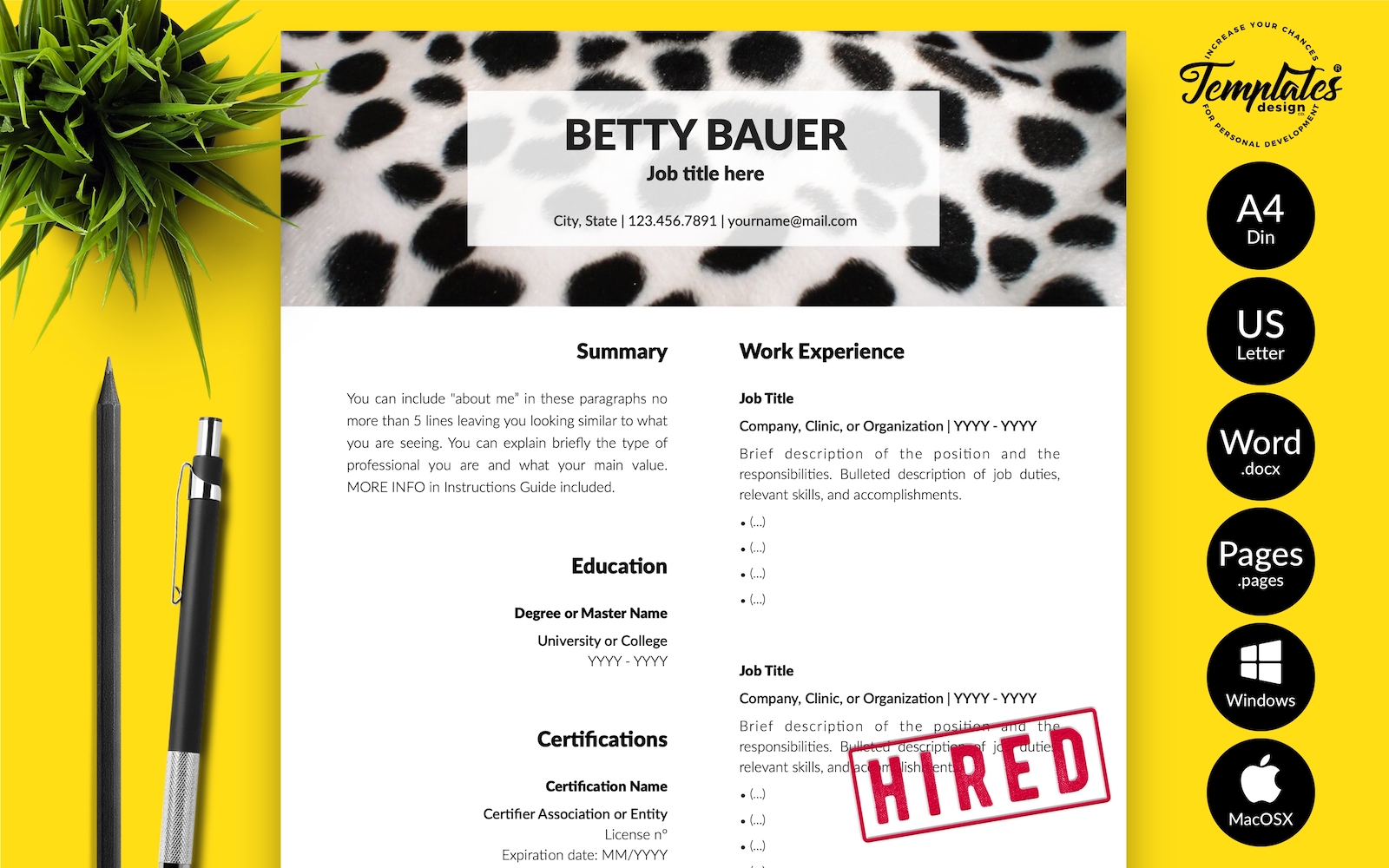 Betty Bauer - Animal Care Resume Template with Cover Letter for Microsoft Word & iWork Pages