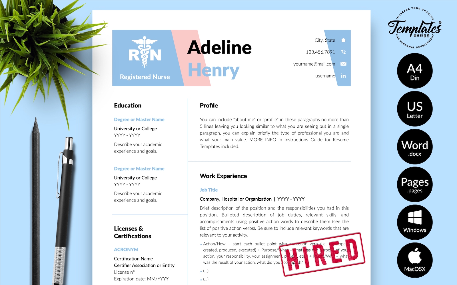 Adeline Henry - Nursing CV Resume Template with Cover Letter for Microsoft Word & iWork Pages
