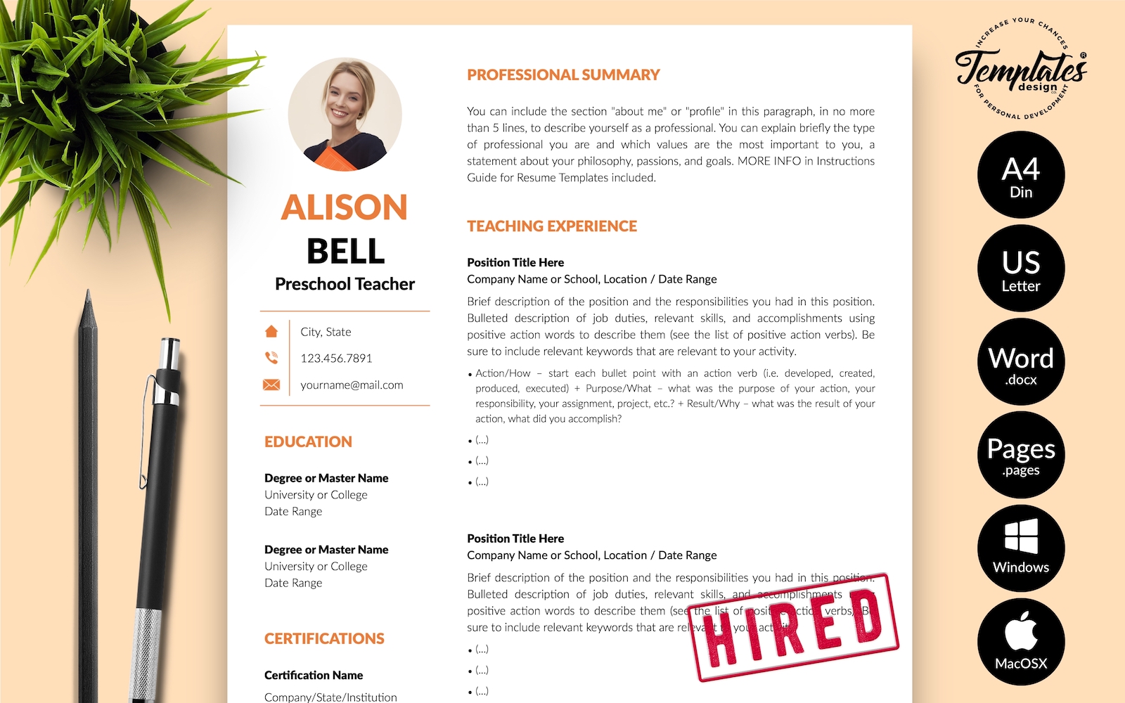 Alison Bell - Teacher CV Resume Template with Cover Letter for Microsoft Word & iWork Pages