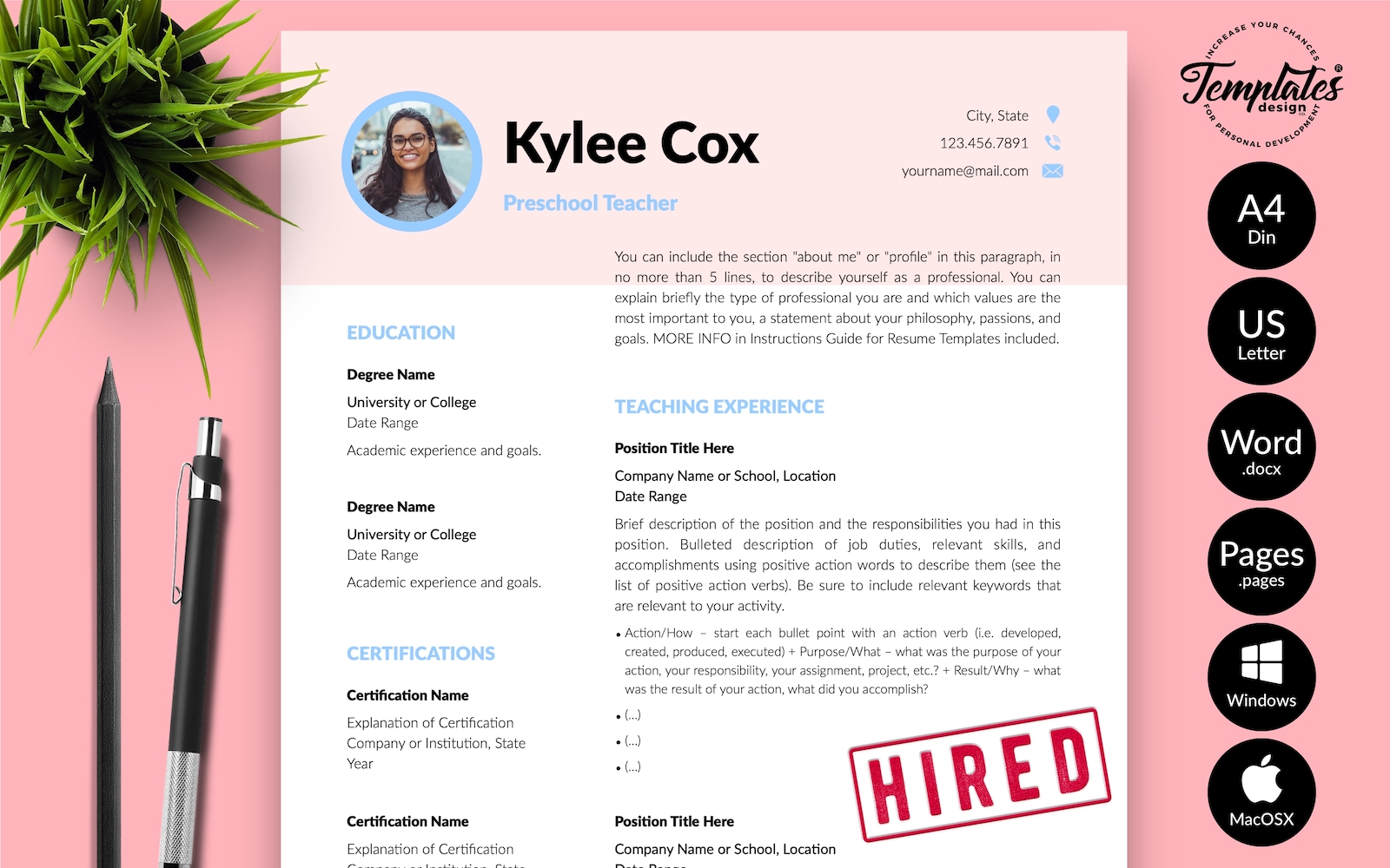Kylie Cox - Teacher CV Resume Template with Cover Letter for Microsoft Word & iWork Pages