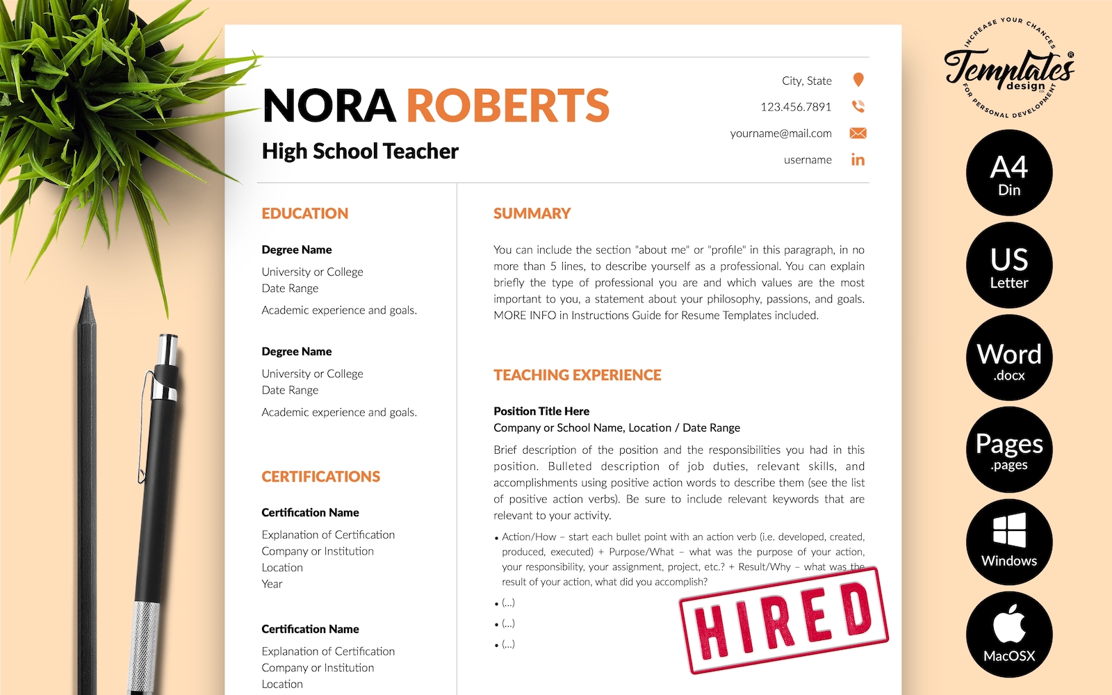 Nora Roberts - Teacher CV Resume Template with Cover Letter for Microsoft Word & iWork Pages