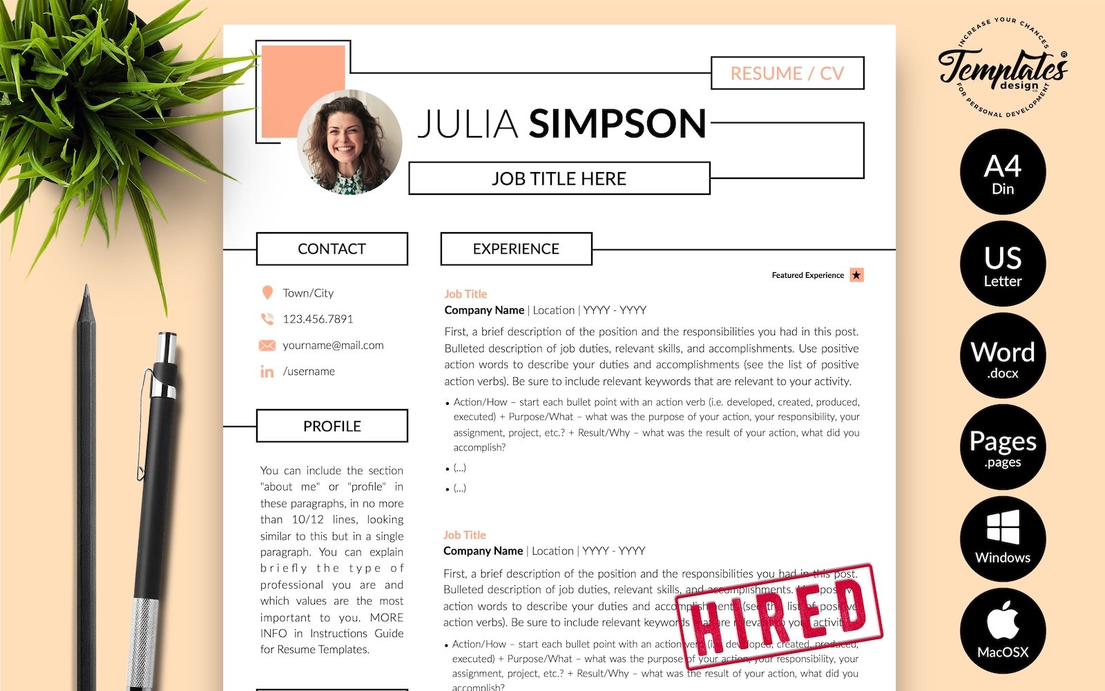 Julia Simpson - Creative CV Resume Template with Cover Letter for Microsoft Word & iWork Pages
