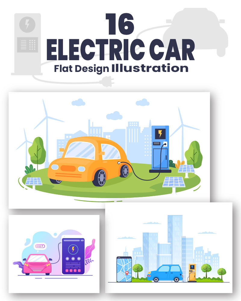 16 Charging Electric Green Car illustration