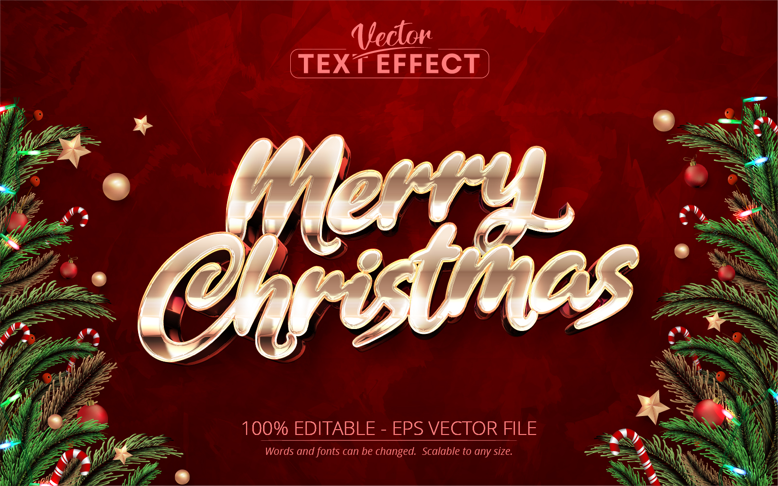Merry Christmas - Metallic Gold Color, Editable Text Effect, Font Style, Graphics Illustration