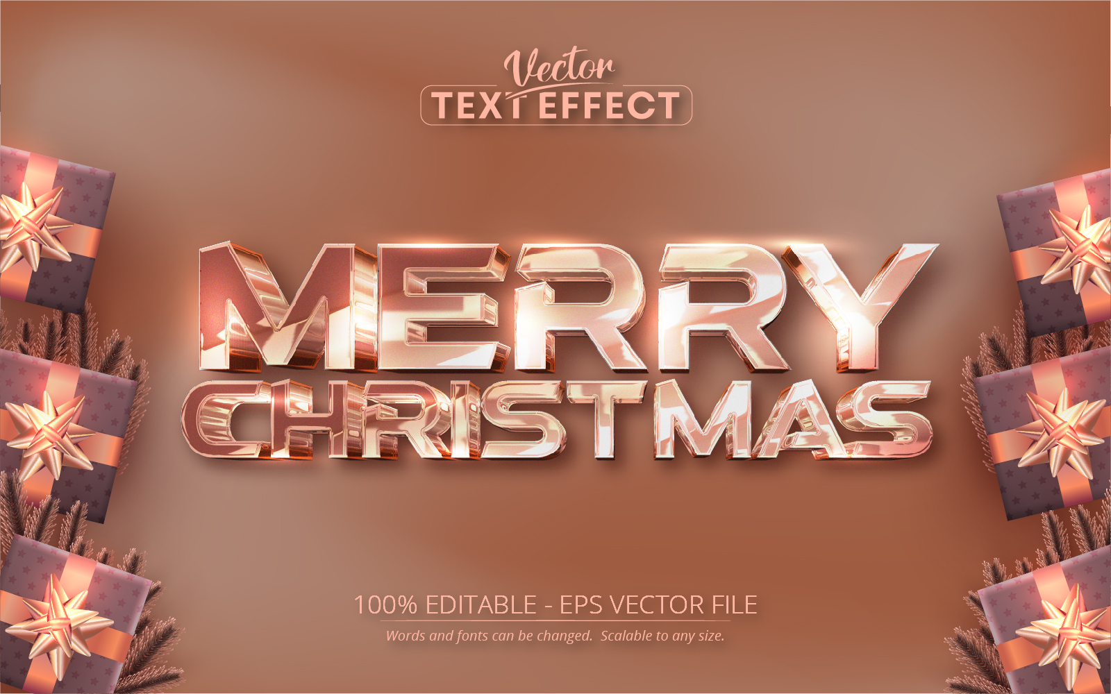 Merry Christmas - Rose Gold Color, Editable Text Effect, Font Style, Graphics Illustration