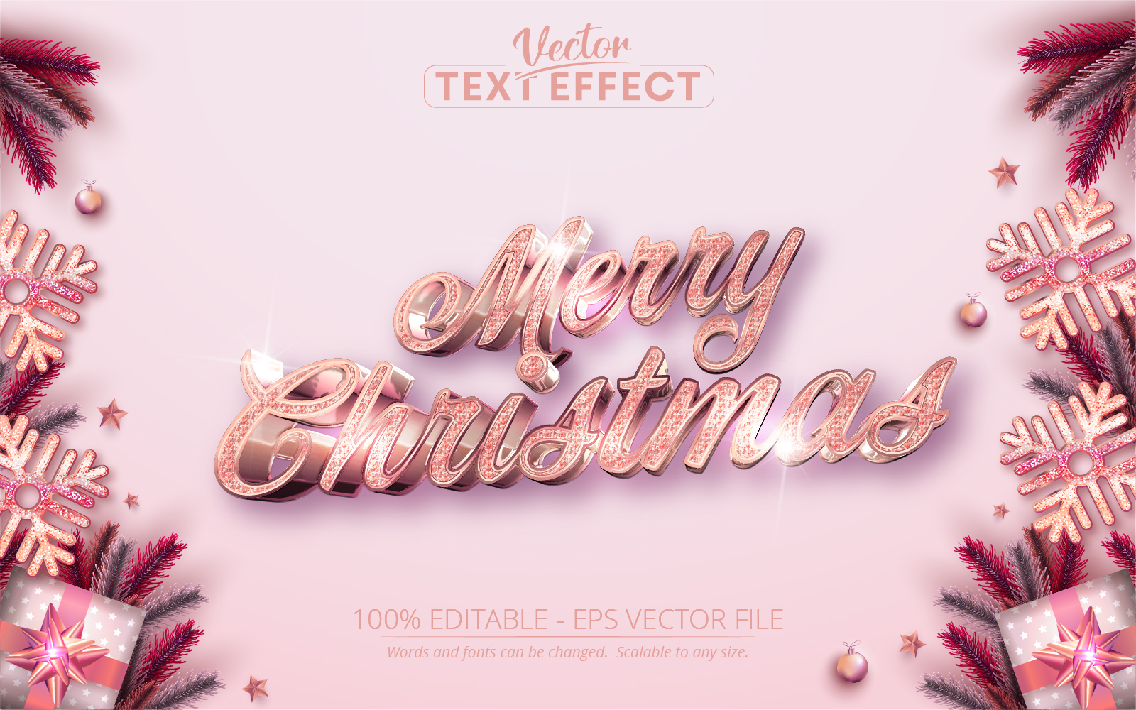 Merry Christmas - Pink Color Gold Style, Editable Text Effect, Font Style, Graphics Illustration