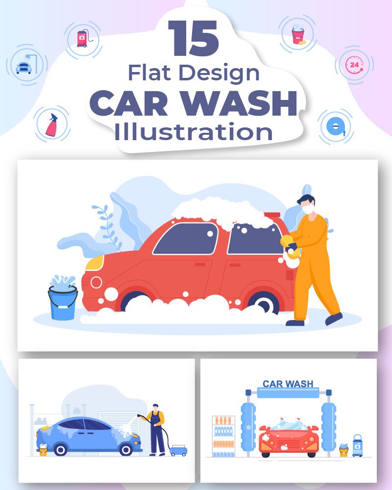 15 Car Wash Service Flat Design illustration