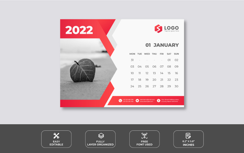 Clean Red 2022 Desk Calendar Design Template