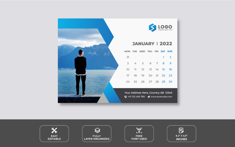 Clean Blue Desk Calendar 2022 Design Template