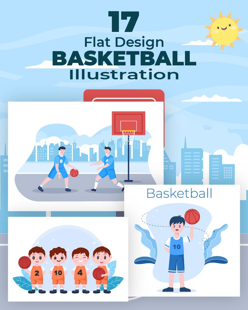 17 Kids Cartoon Playing Basketball Flat Illustration