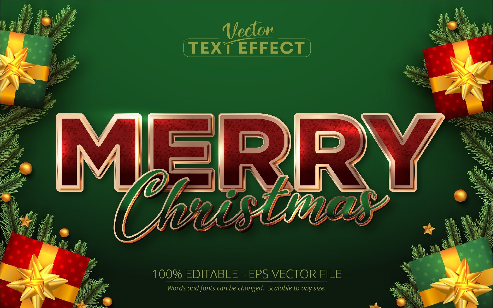 Merry Christmas - Editable Text Effect, Green And Gold Font Style, Graphics Illustration
