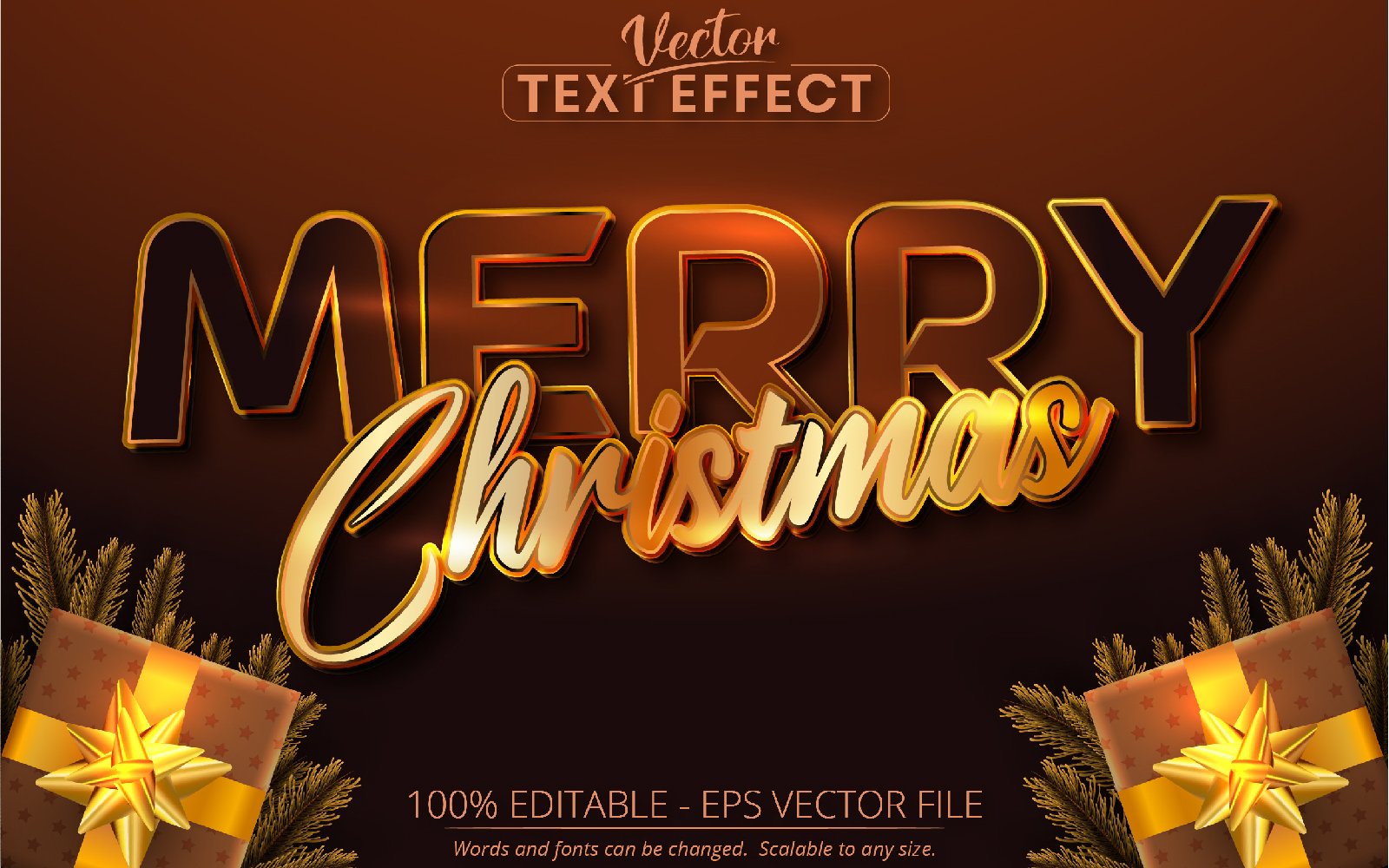 Merry Christmas - Editable Text Effect, Brown Color And Gold Font Style, Graphics Illustration