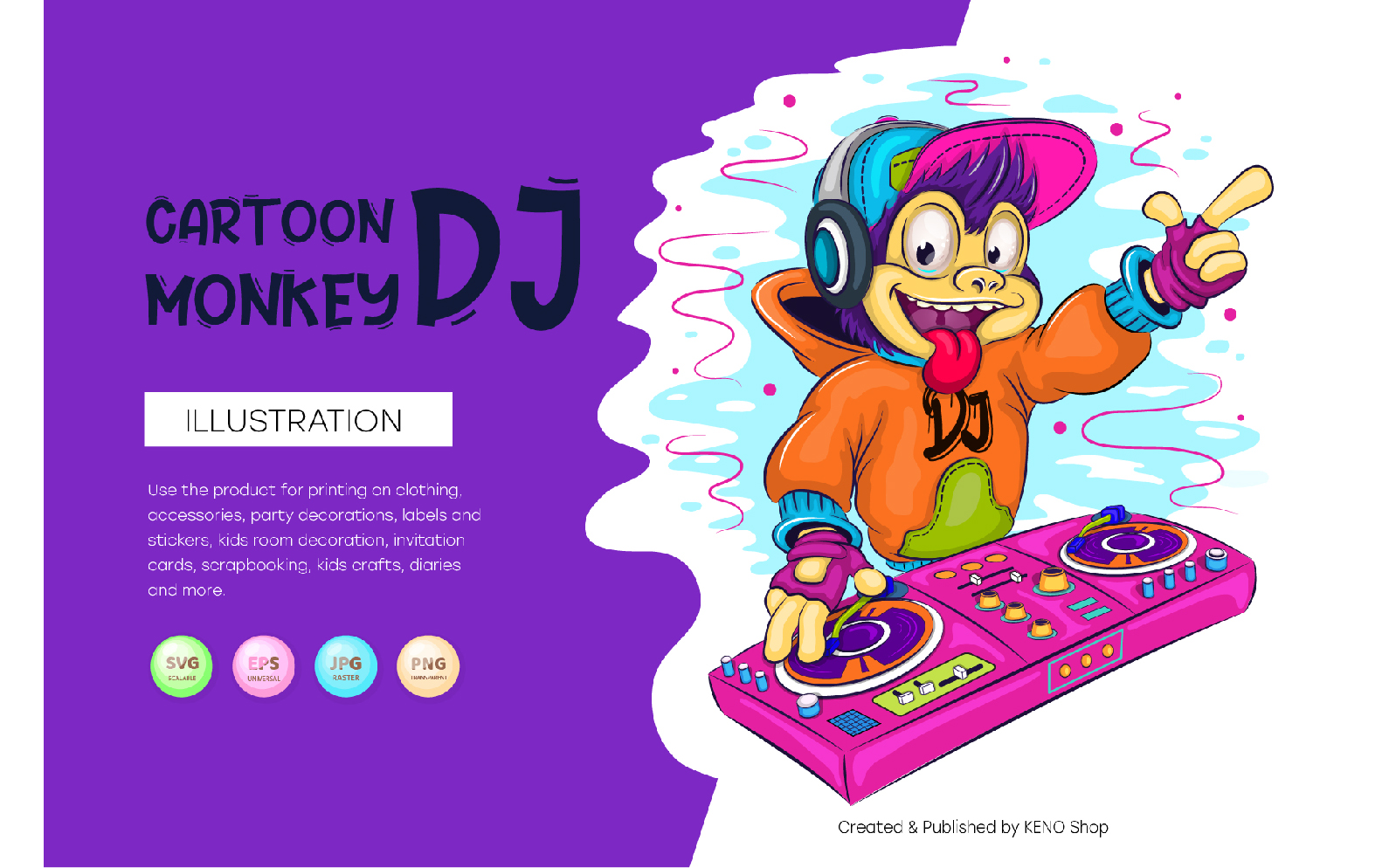 Cartoon monkey DJ. T-shirt, Vector, PNG.