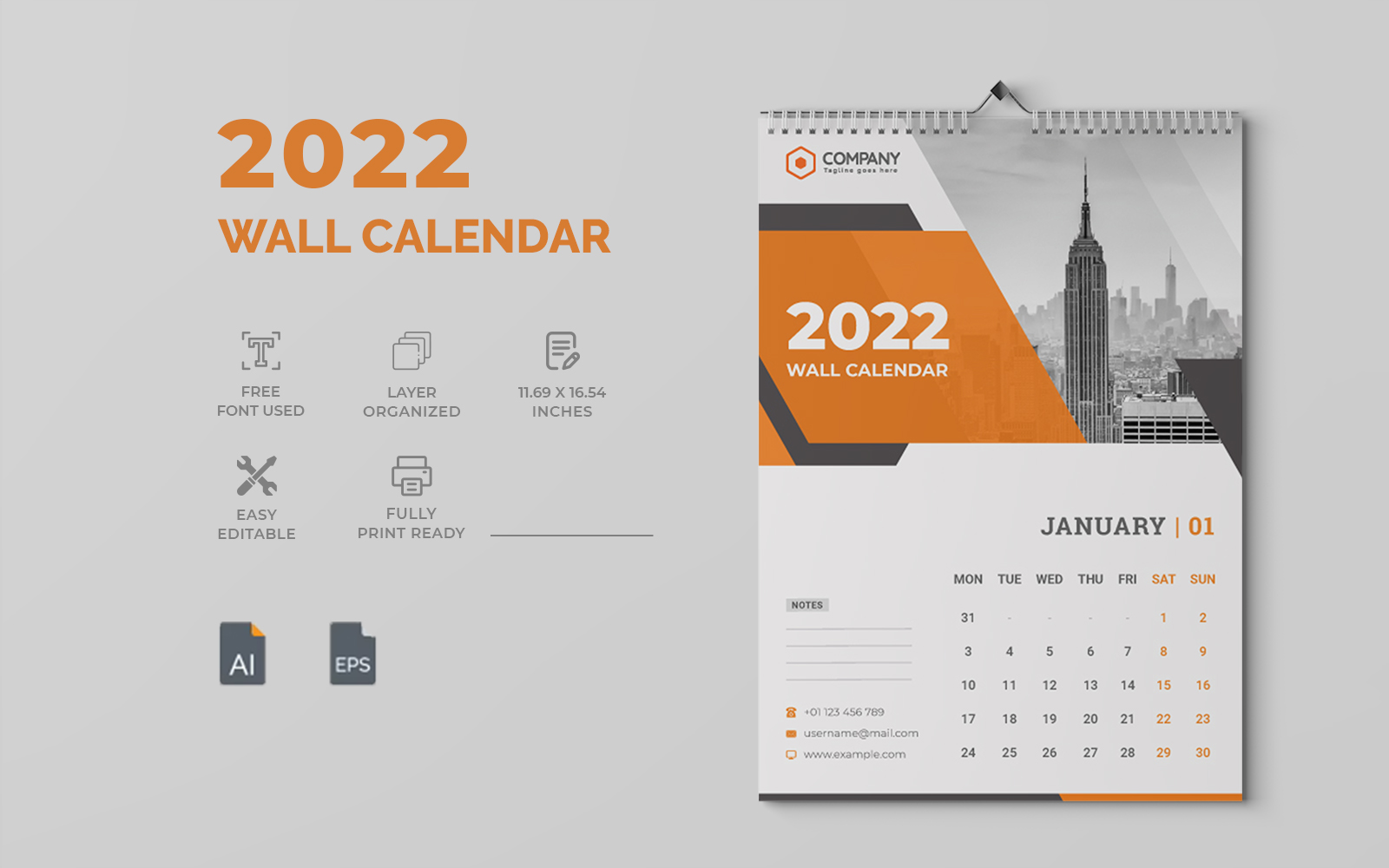 Clean 2022 Wall Calendar Design