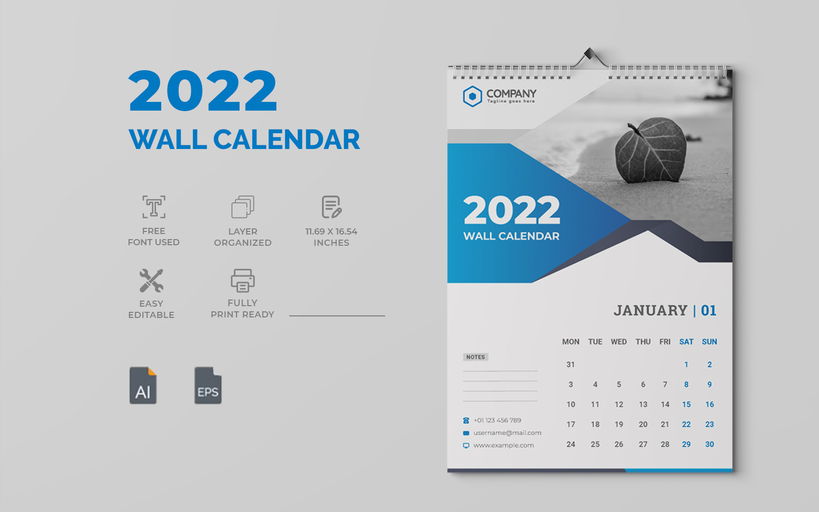 Blue Modern 2022 Wall Calendar Design Template