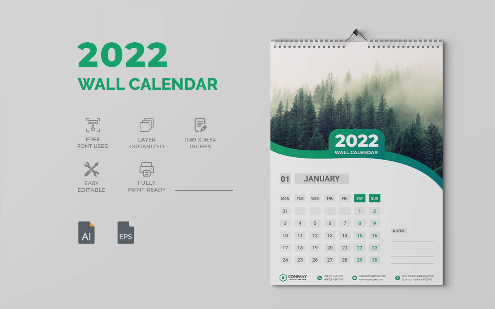 Green 2022 Wall Calendar Design Template