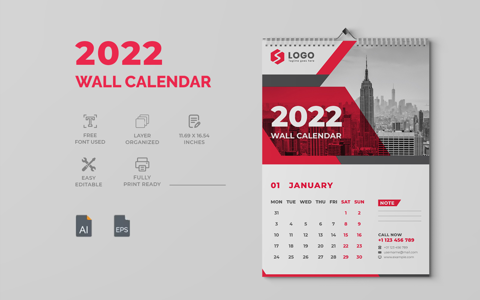 Modern Red 2022 Wall Calendar Design
