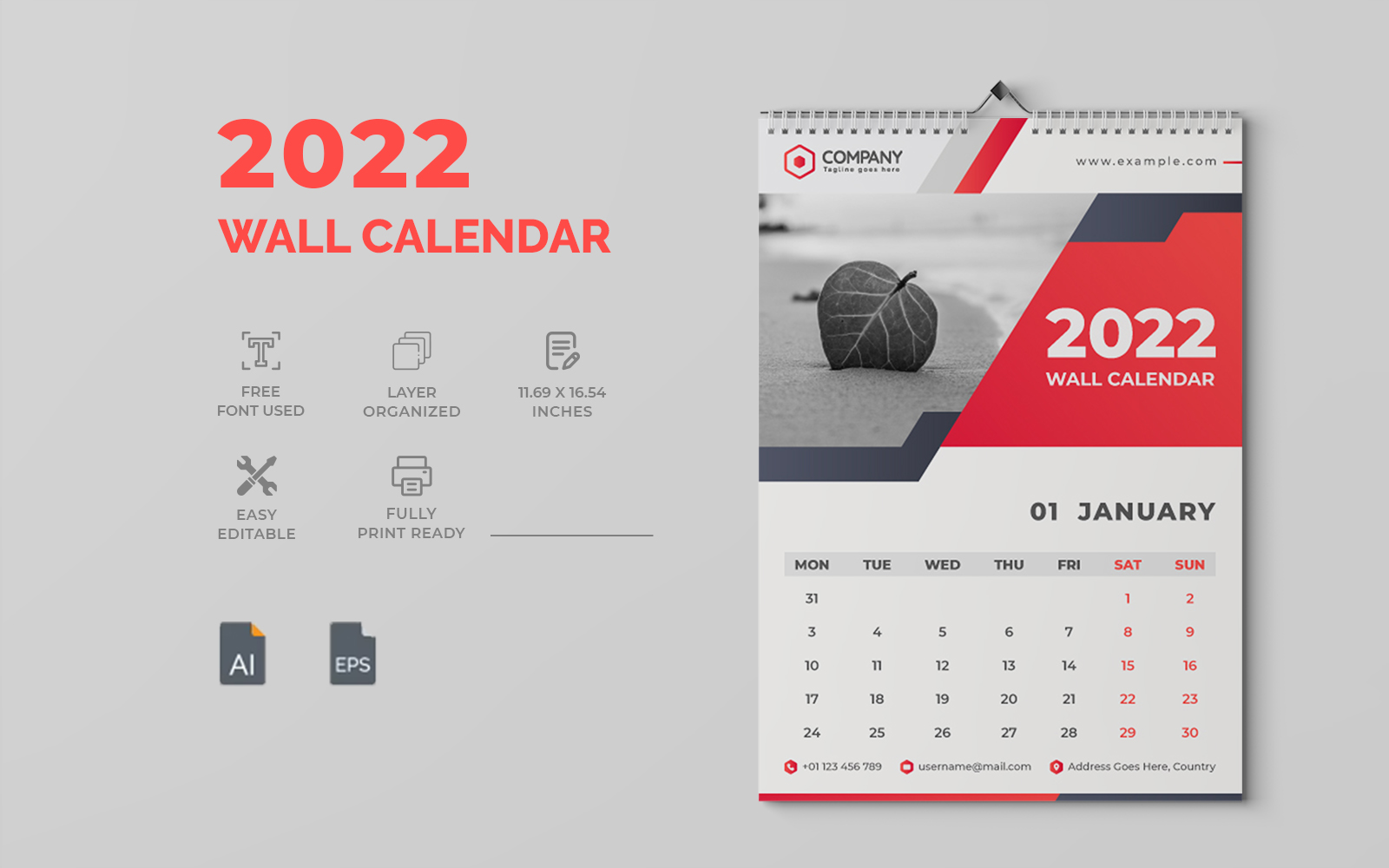 Red Color 2022 Wall Calendar Design