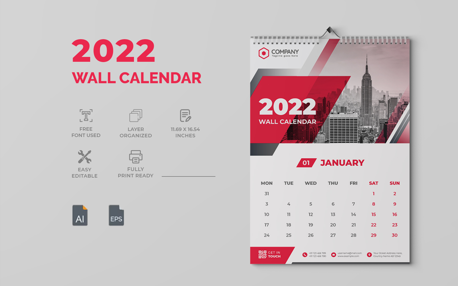 Clean 2022 Wall Calendar Design Template