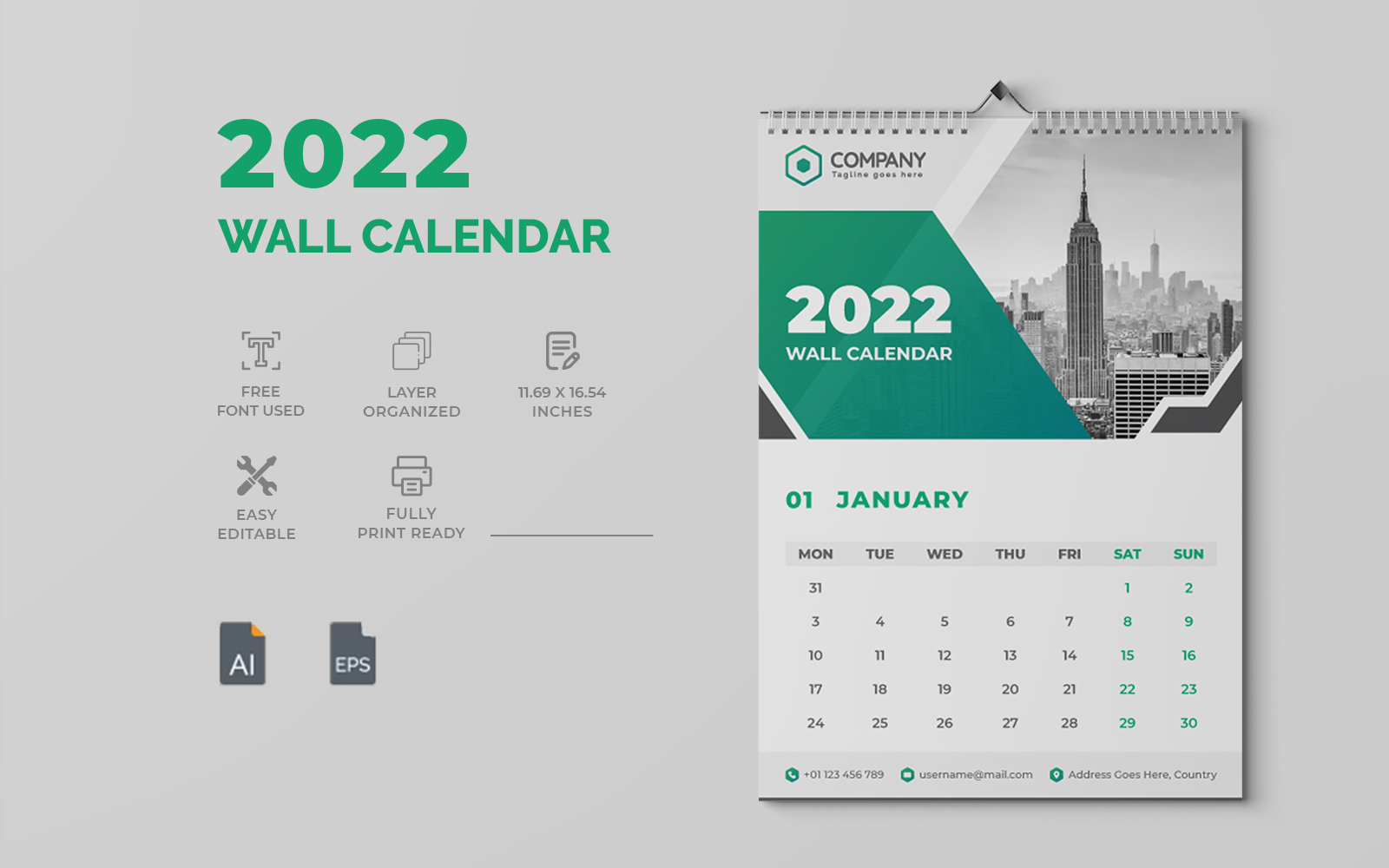 Green Modern 2022 Wall Calendar Design