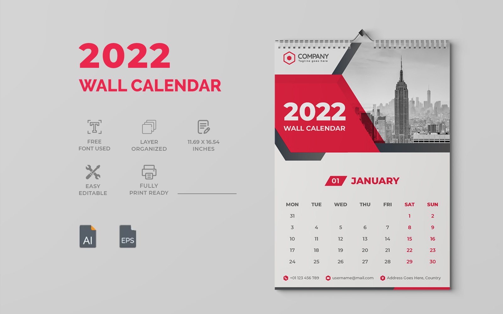 Clean Red Color 2022 Wall Calendar Design Template