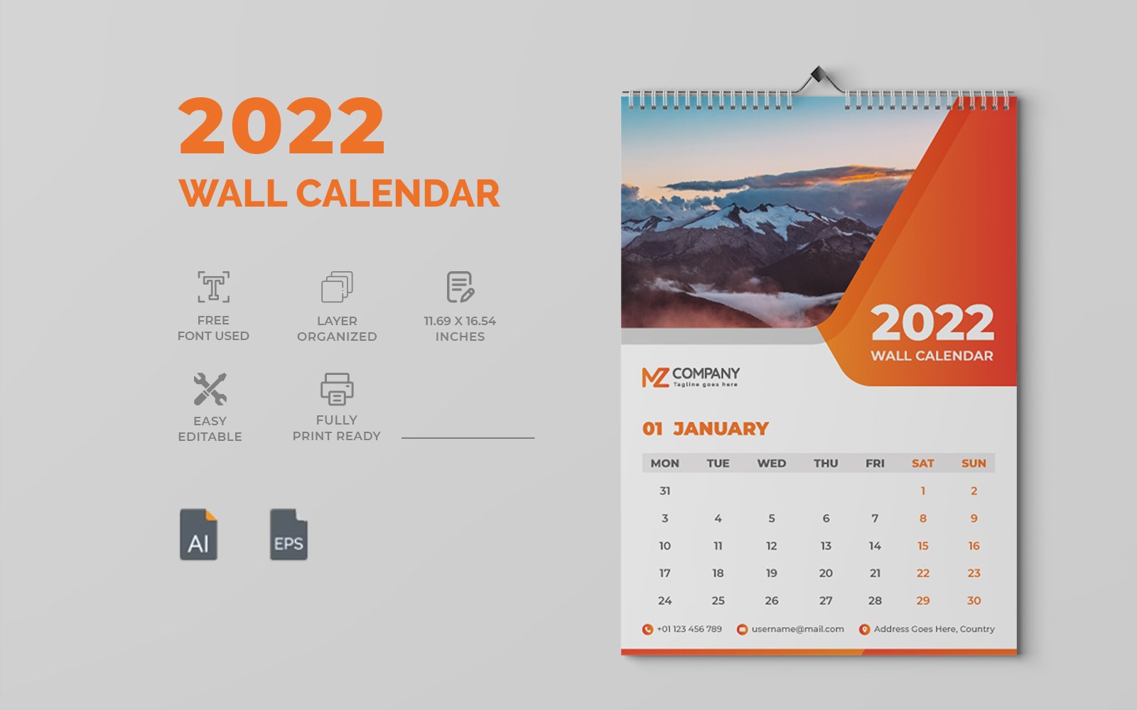 Modern 2022 Wall Calendar Design Template