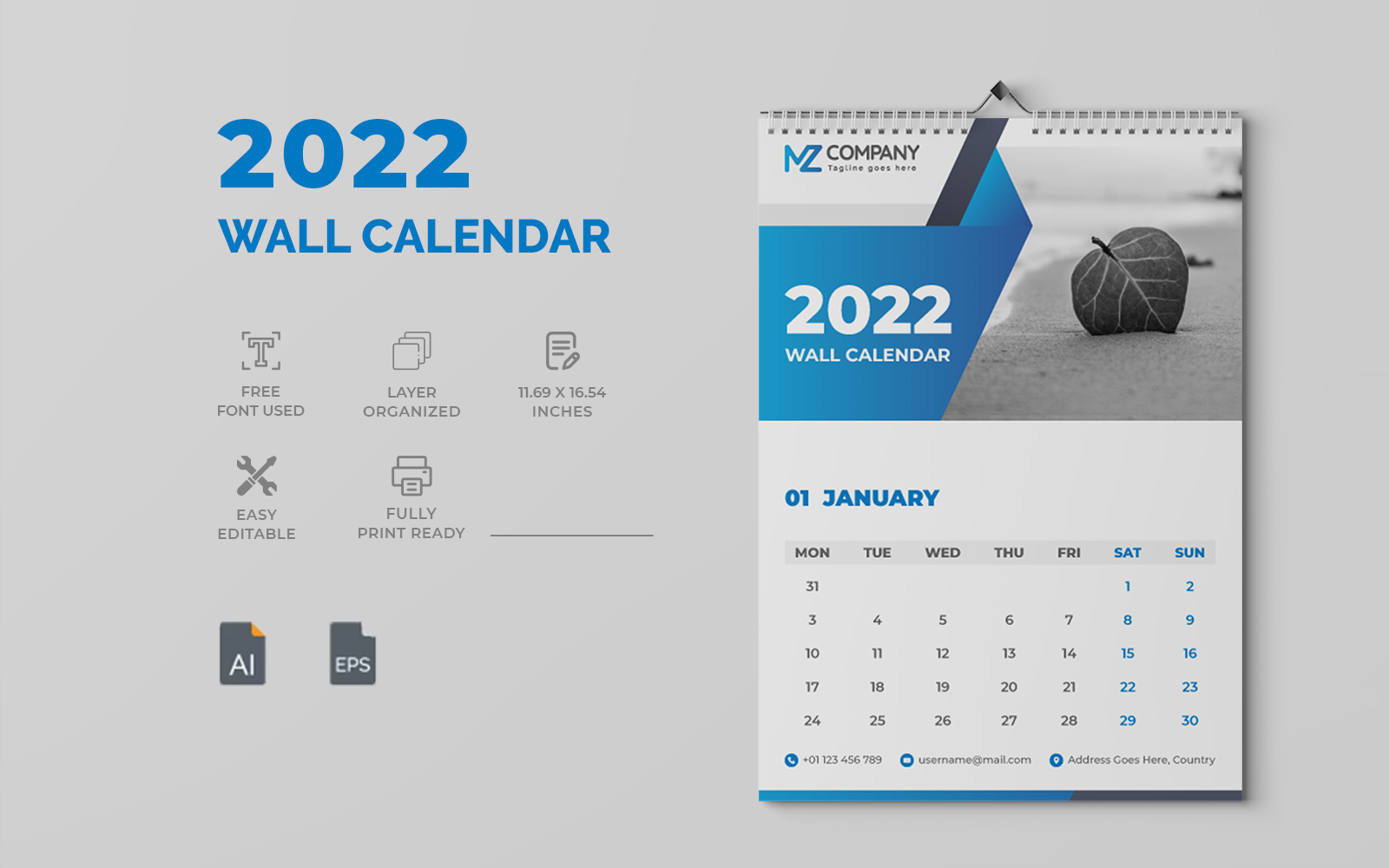 Blue 2022 Wall Calendar Design