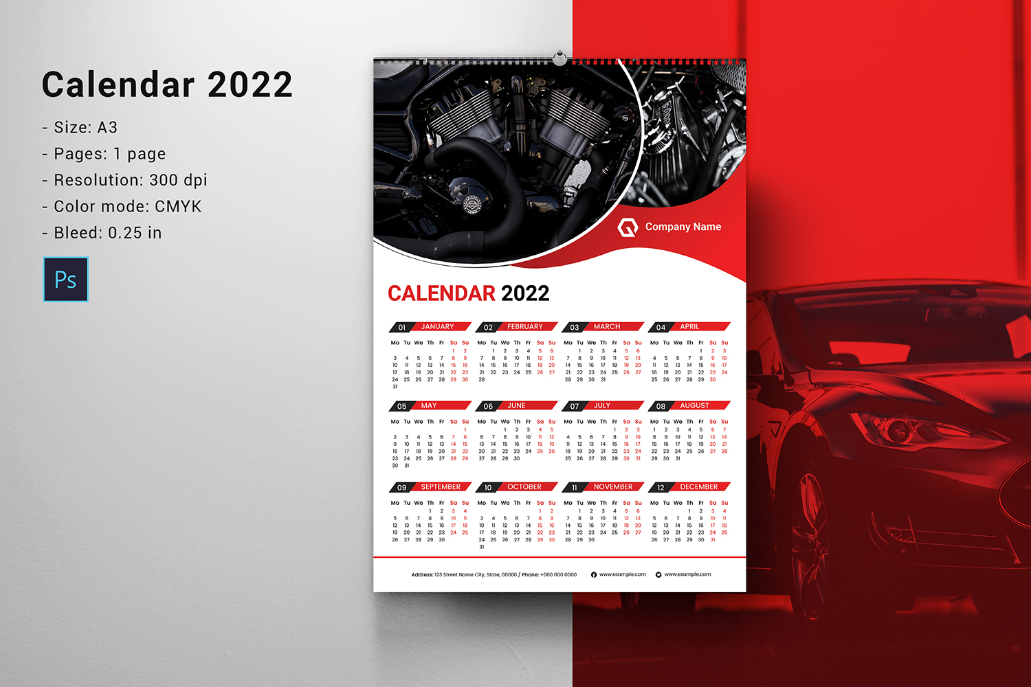 One Page Wall Calendar 2024. Photoshop Template