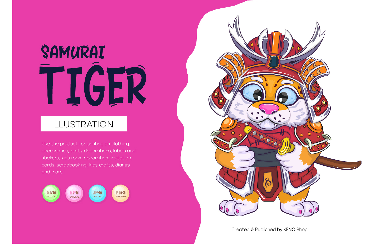 Cartoon samurai tiger, T-Shirt, PNG, SVG.