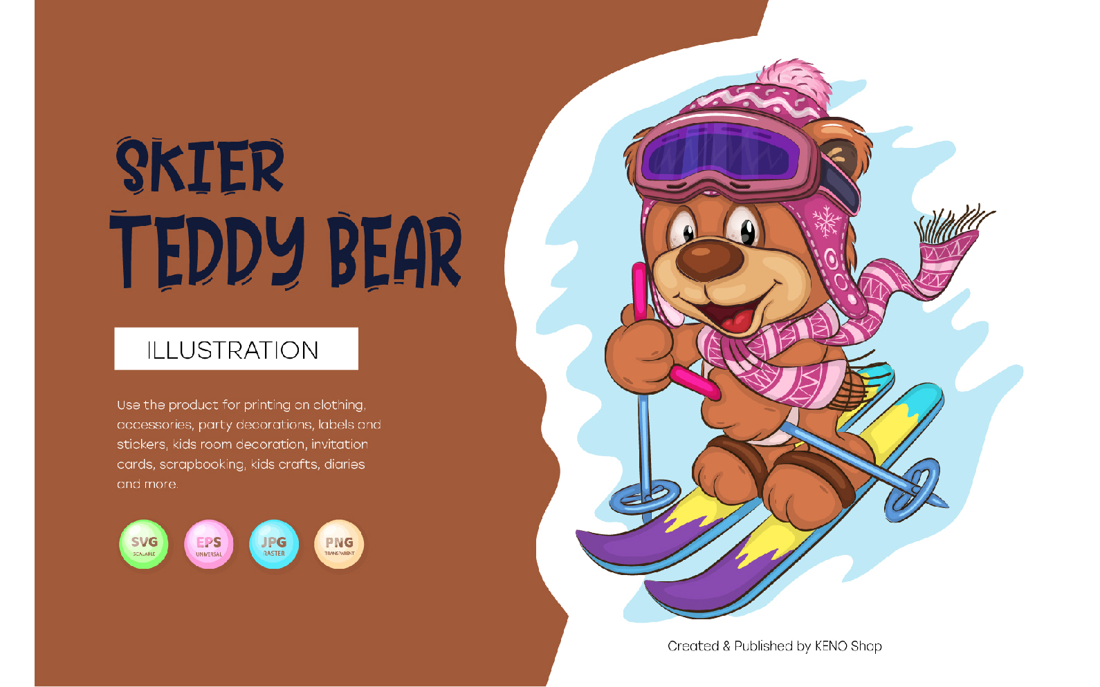 Cartoon Teddy Bear Skier. T-Shirt, PNG, SVG.