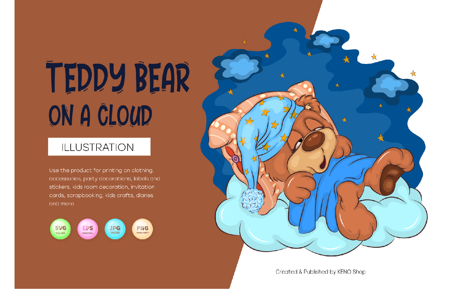 Cartoon Teddy Bear on a cloud. T-Shirt, PNG, SVG.