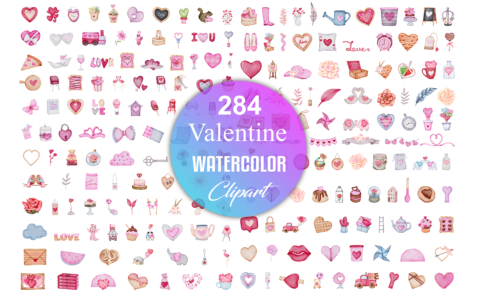 Valentine Watercolor Clipart Bundle, Valentine Watercolor Illustration Set