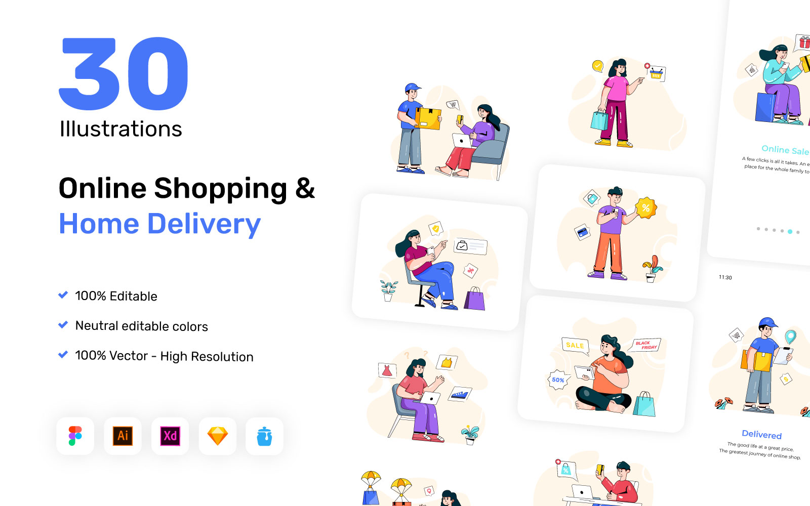 30 Online Shopping vector Illustrations