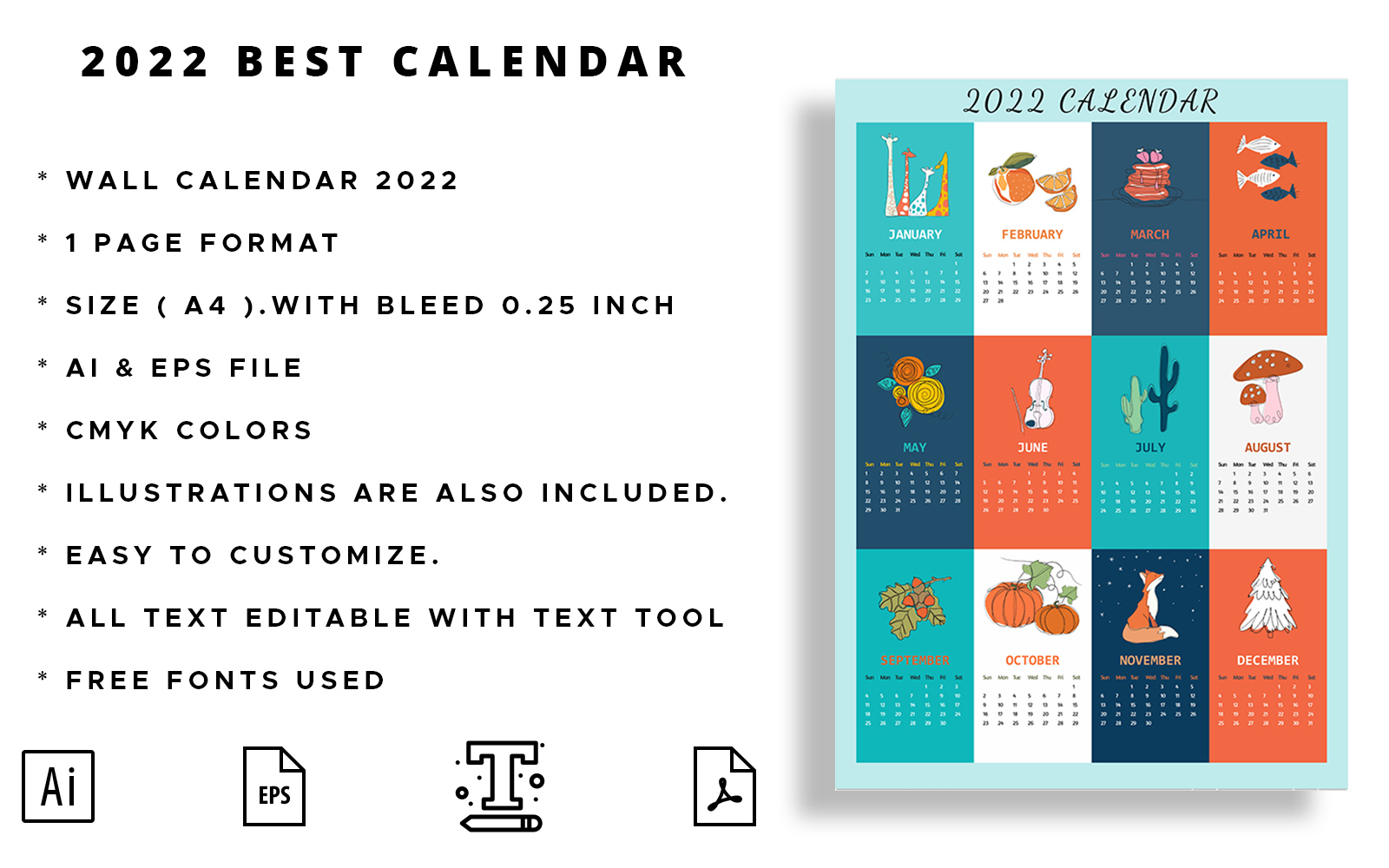 2022 Calendar Colourful Retro Handdrawn Symbols Decor - Best Calendar Template