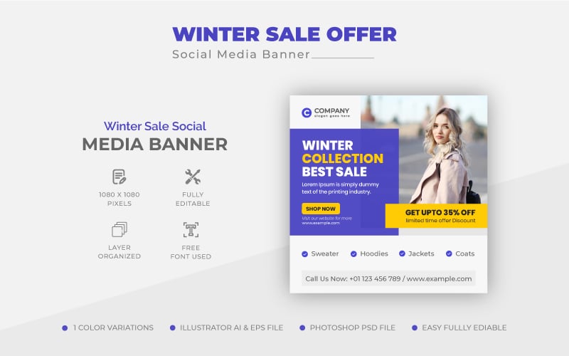 Clean Winter Sale Social Media Post Design or Web Banner Template