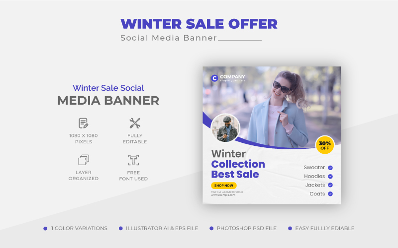Modern Winter Sale Discount Offer Social Media Post Design or Web Banner Template