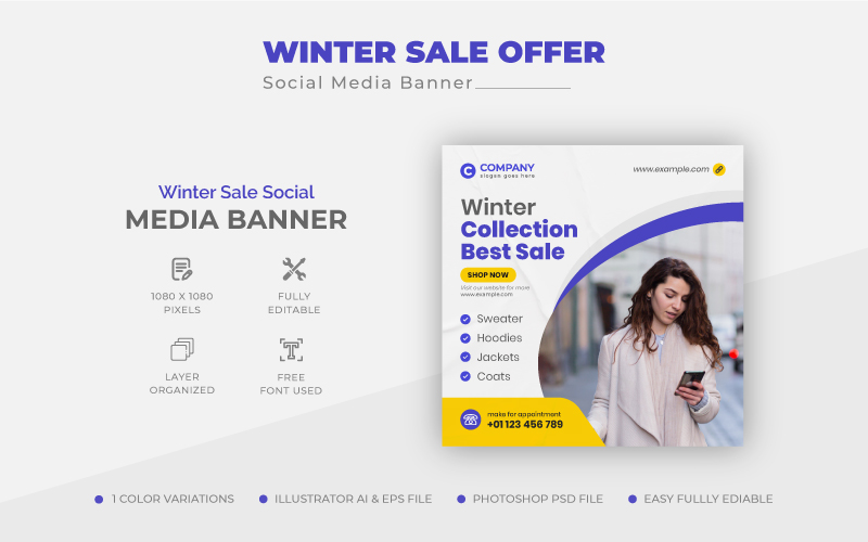 Minimalist Winter Sale Social Media Post Design or Web Banner Template
