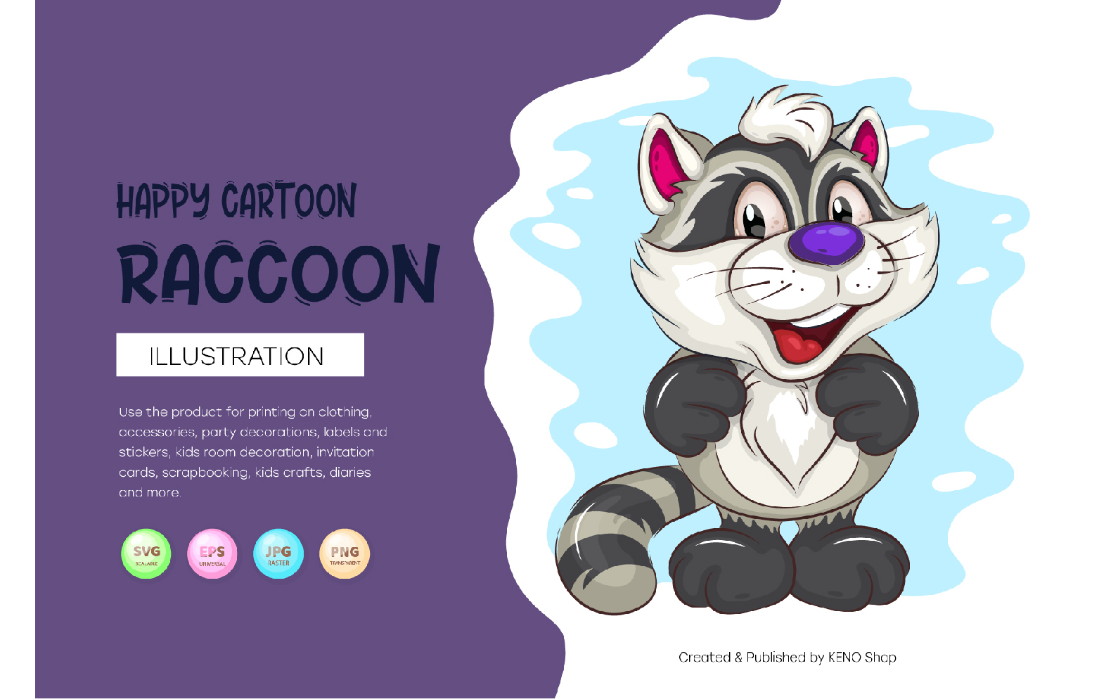 Happy Cartoon Raccoon. T-Shirt, PNG, SVG.