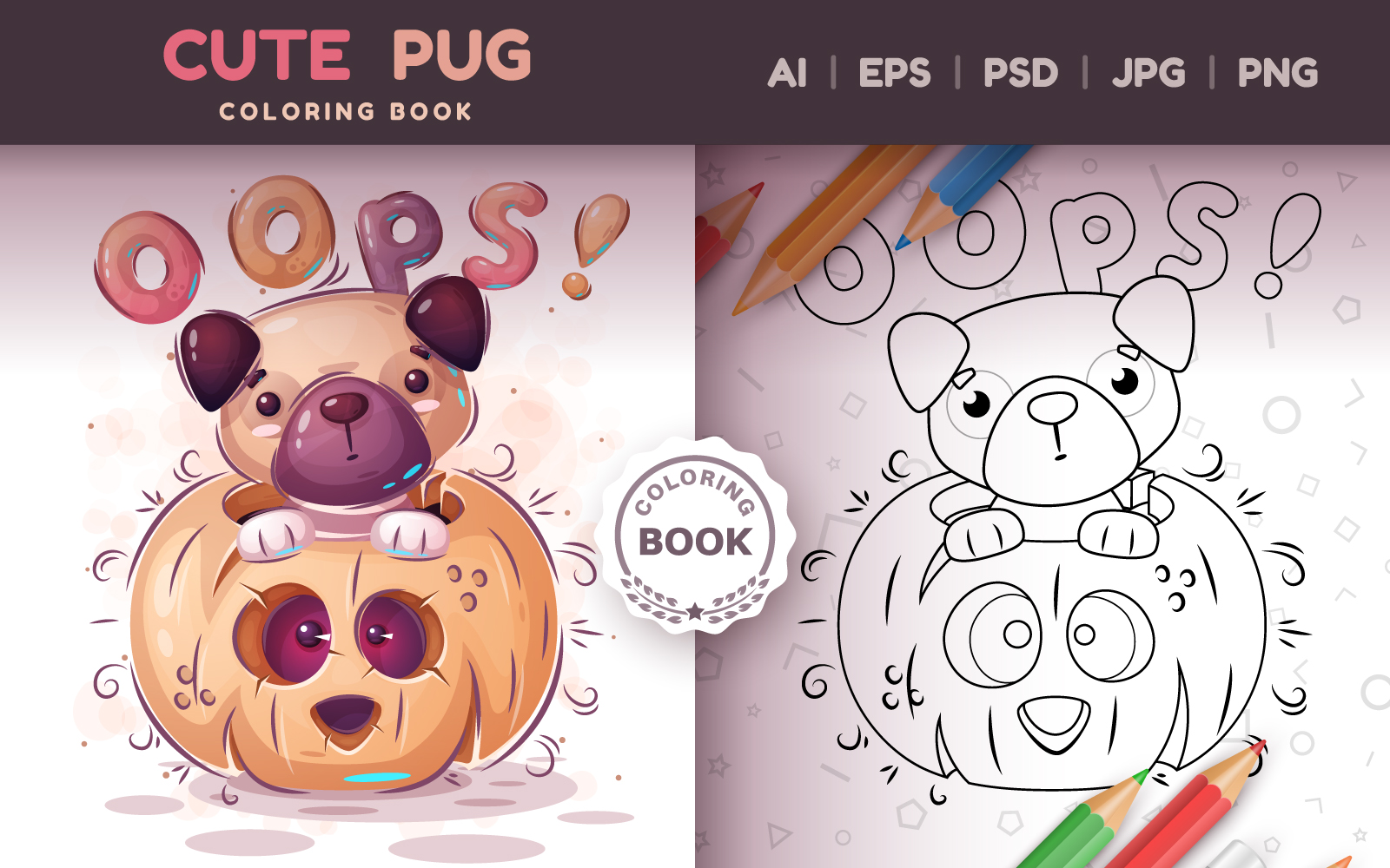 Pug in Pumpkin - Game For Kids, Coloring Book, Graphics Illustration