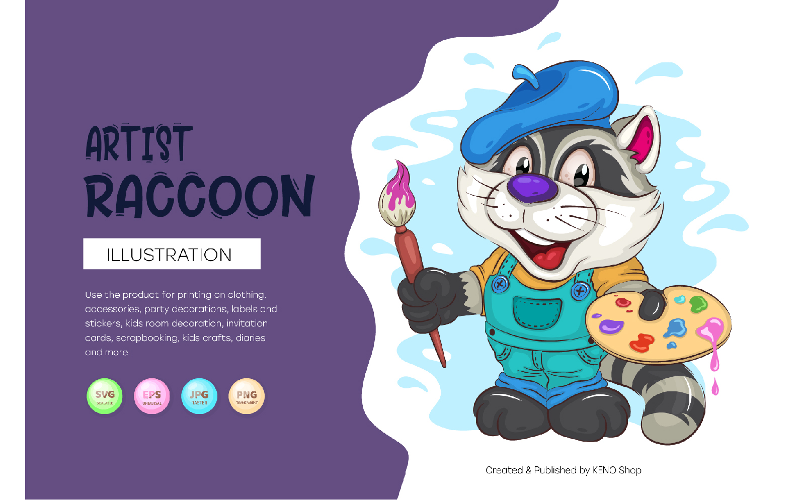Cartoon Raccoon Artist. T-Shirt, PNG, SVG.