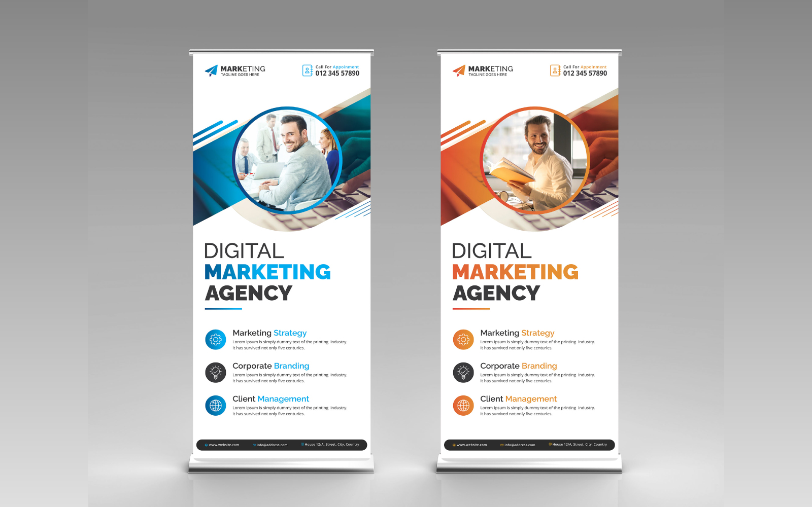 Orange and Blue Corporate Roll Up Banner, X Banner, Standee Template Design for Advertising