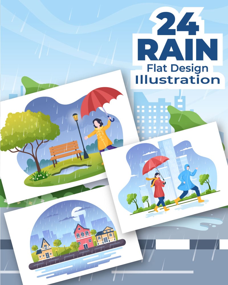 24 People in The Rain Cartoon illustration